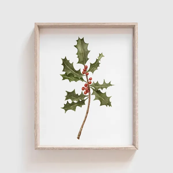 Holly Branch Art Print, Watercolor Christmas Florals