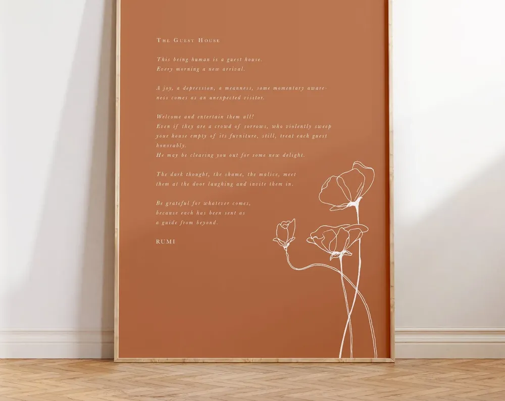 Rumi Guest House Poem Quote Poster, Rose Floral