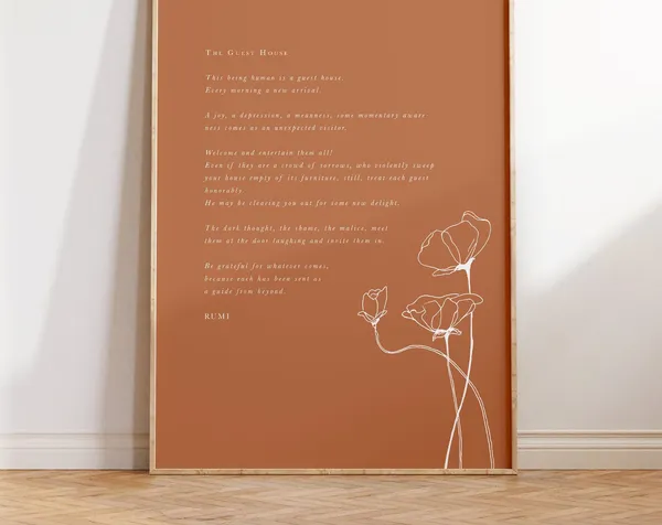 Rumi Guest House Poem Quote Poster, Rose Floral