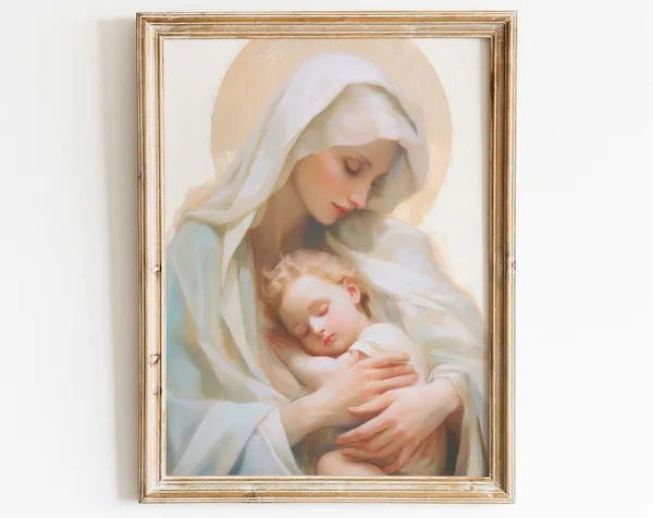 Virgin Mary and Jesus Catholic Farmhouse Art Print