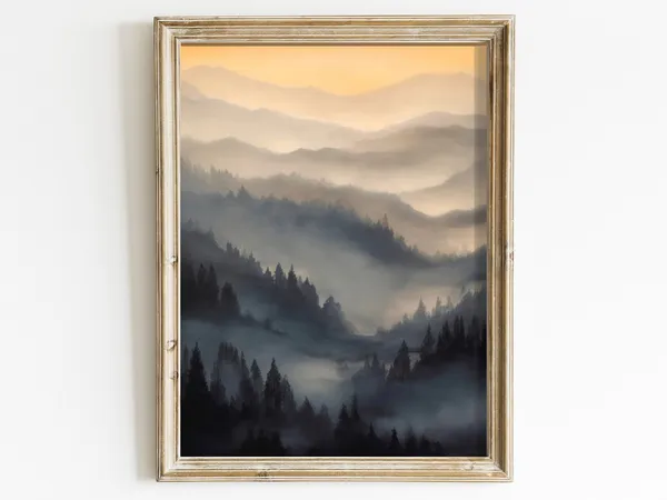 Misty Forest Watercolor Mountain Wall Art Print
