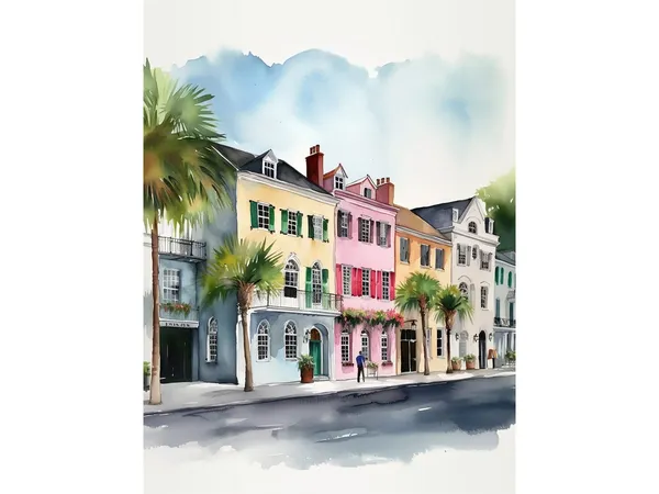 Rainbow Row Watercolor Charleston Cityscape Art Print