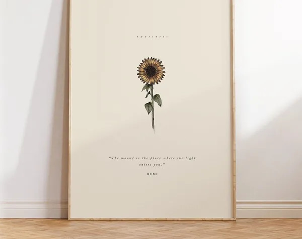 Sunflower Floral Art Print, Positive Rumi Quote