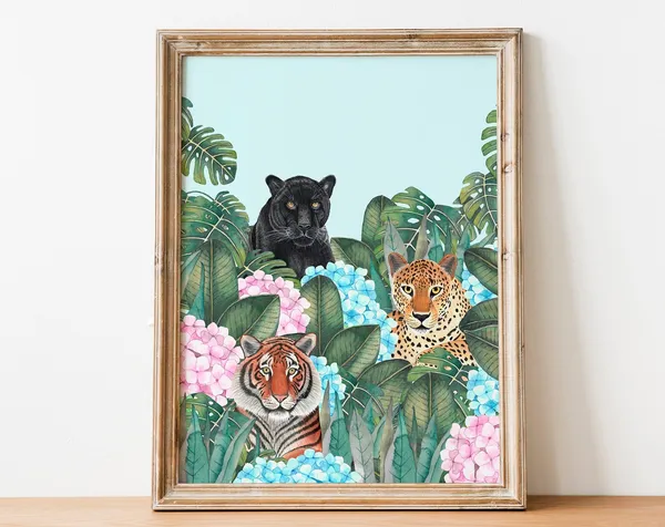 Jungle Tiger and Panther Art Print, Tropical Decor