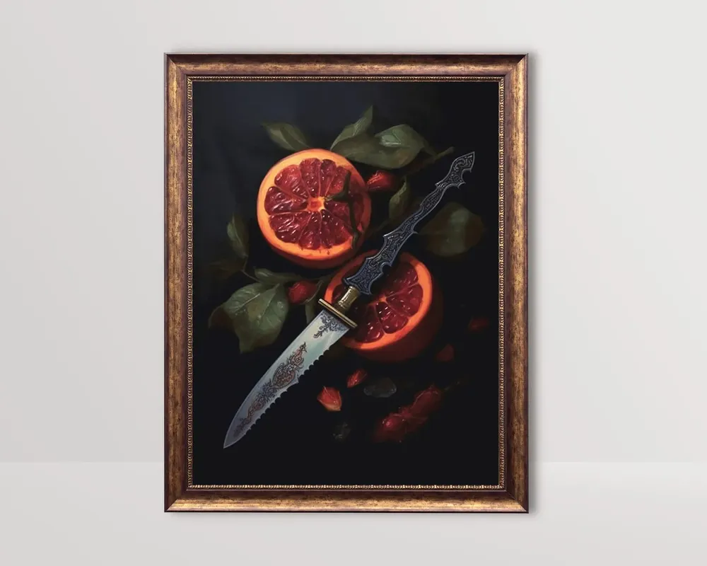 Dagger Sword And Blood Orange Gothic Botanical Art Print