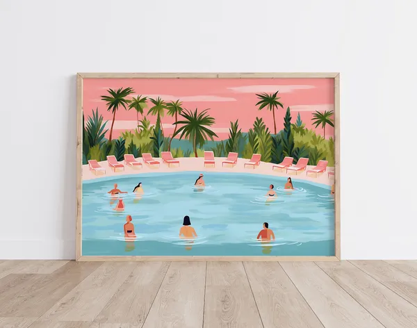 Pink Swimming Pool Poster, Botanical Tropical Summer