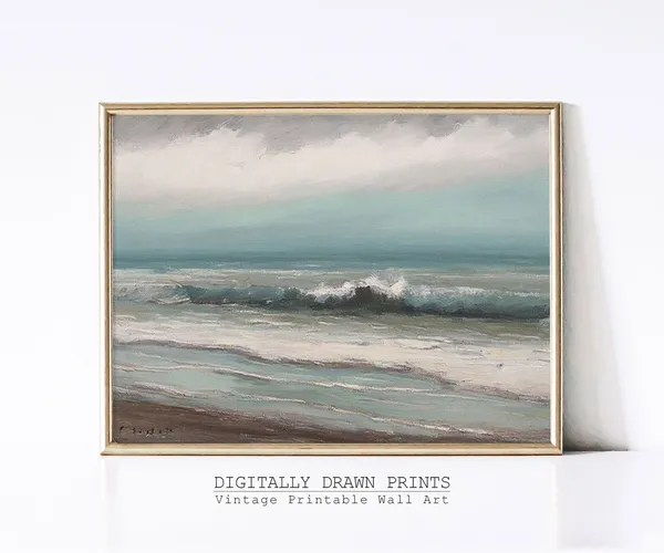 Vintage Coastal Seaside Painting, Neutral Landscape Art Print