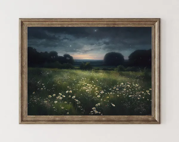 Nightscape Wildflower Landscape Art Print, Cottagecore
