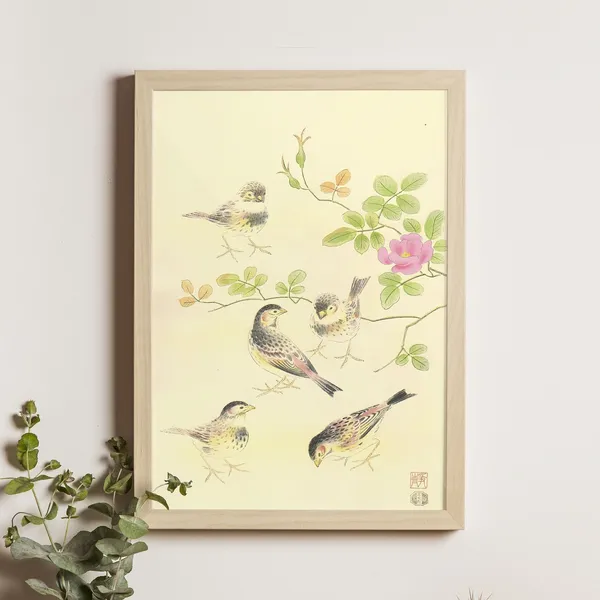 Rosy Finch and Wild Rose Ukiyo-e Art Print