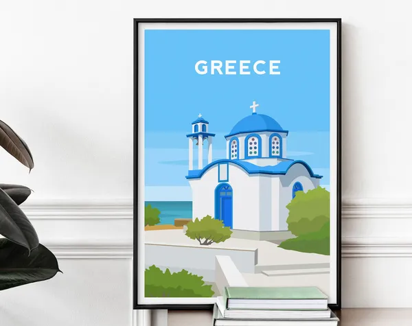 Greece Greek Travel Poster, Ikaria Church Illustration
