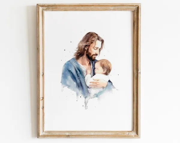 Jesus Painting With Boy, Christian Nursery Art Print