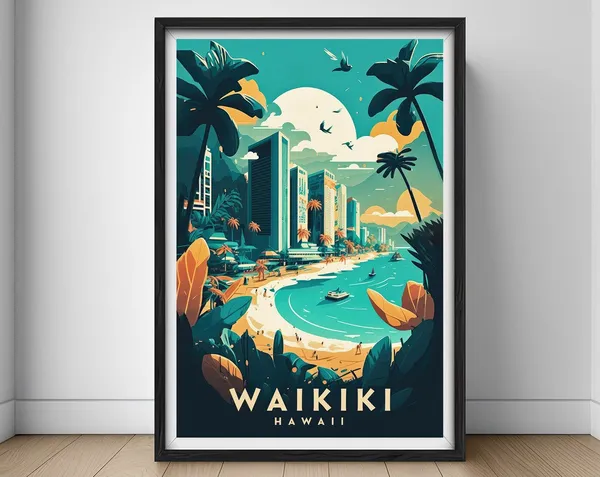 Waikiki Hawaii Travel Poster, Watercolor Illustration