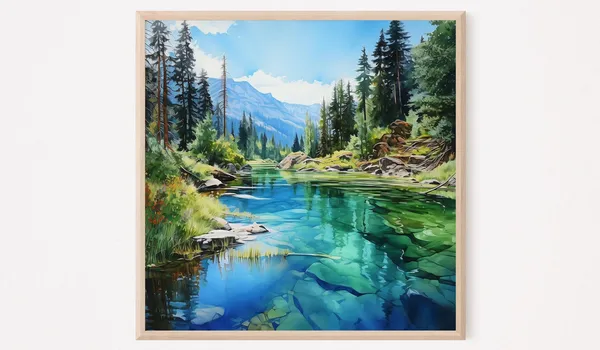 Mountain Lake Watercolor Art Print, Landscape