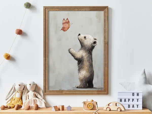 Baby Bear and Butterfly Vintage Nursery Art Print