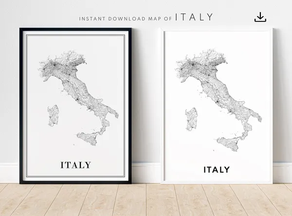 Italy Map Print, Minimal Black and White Map