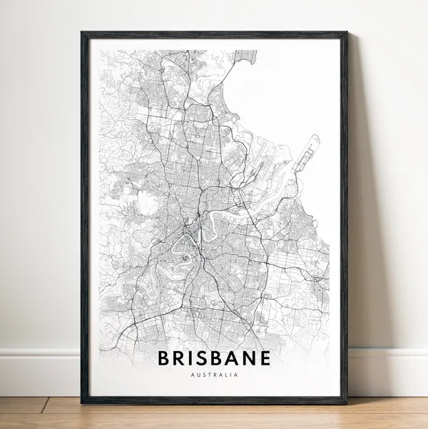 Brisbane Map Print, Minimal Black And White Poster