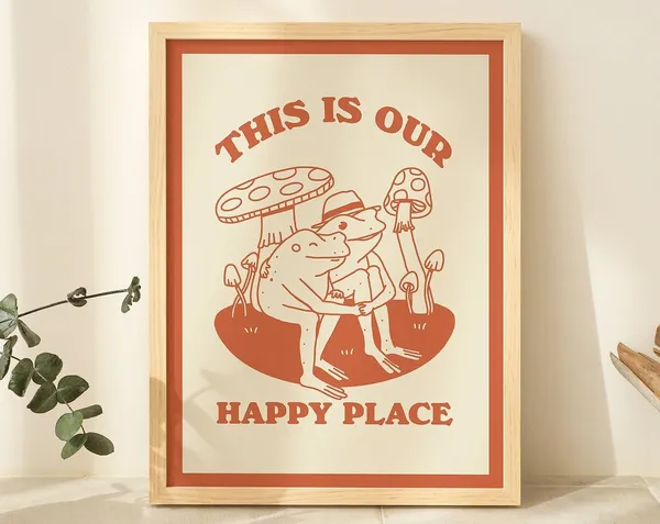 Cottagecore Frog and Mushroom Retro Art Print