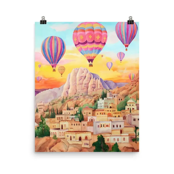 Cappadocia Watercolor Travel Poster, Anatolia Landscape
