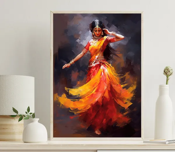 Indian Woman Folk Dance Art Print, Colorful Decor