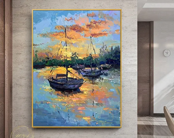 Sailboat Abstract Painting, Orange Sunset Seascape