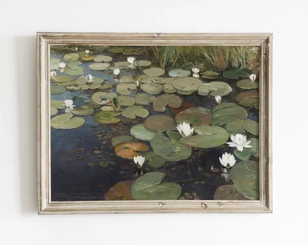 Vintage Lily Pad Pond, French Country Landscape Print