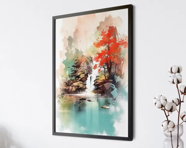Japanese Waterfall Landscape Art Print, Oriental Style