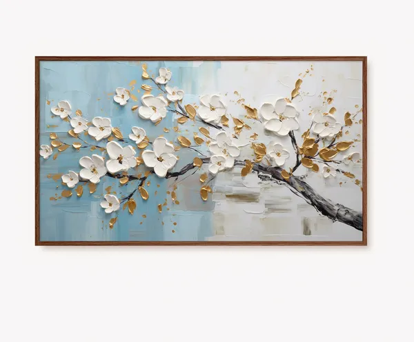 Blue White Gold Floral Oil Painting Art Print