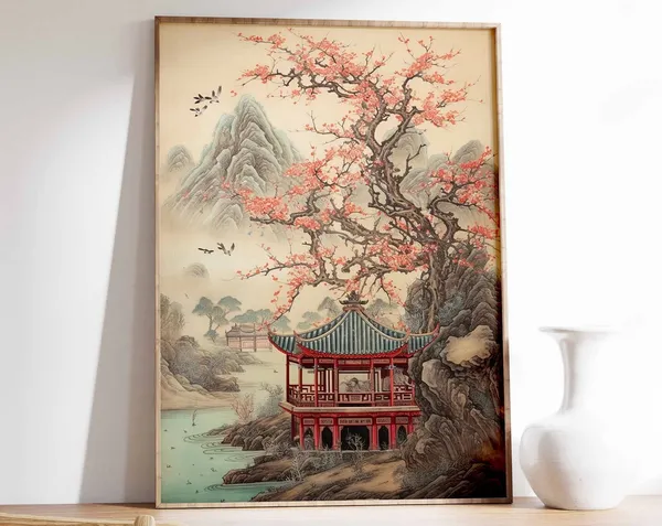 Chinese Vintage Art Print, Oriental Landscape Floral