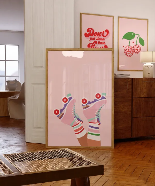 Retro Pink Roller Skates Poster, Preppy Dorm Decor