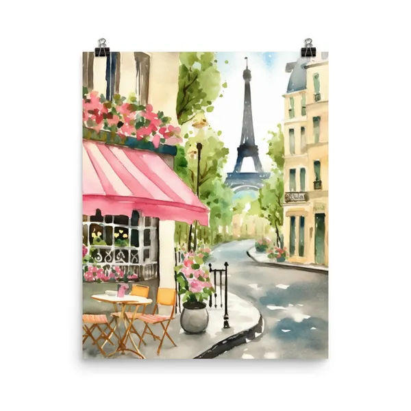 Paris Cafe Watercolor Print, Parisian Street Travel Poster