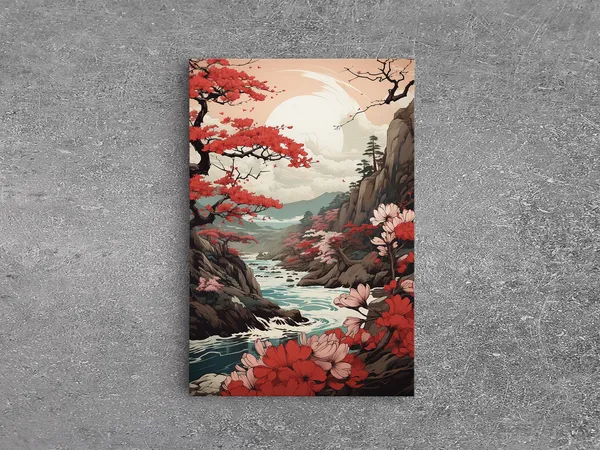 Japanese Maple Tree Over Stream, Japanese Art Print