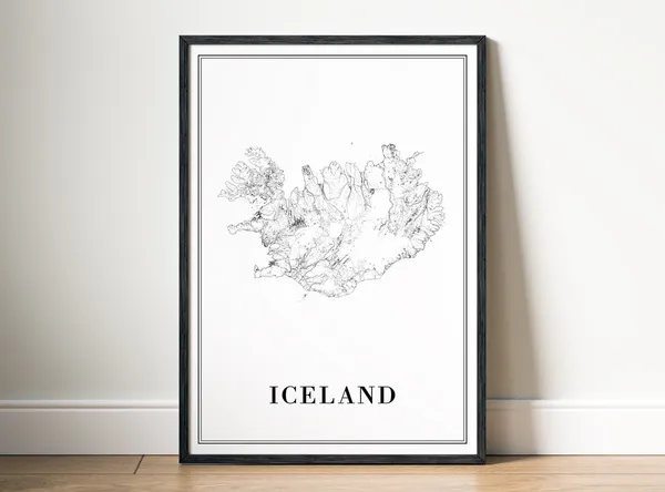 Iceland Map Poster, Minimal Black And White Map