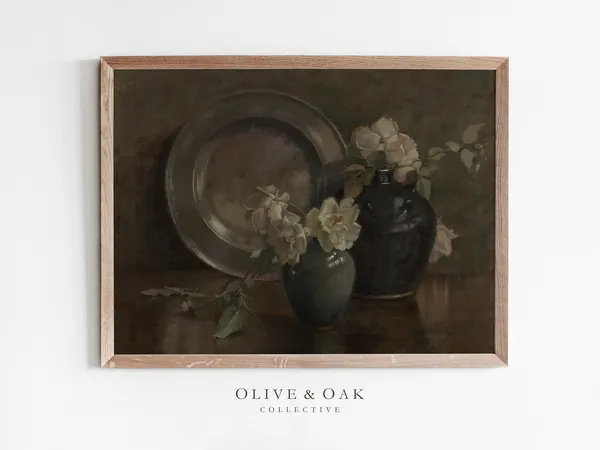 Vintage Neutral Flower Oil Painting, Floral Still Life Art Print