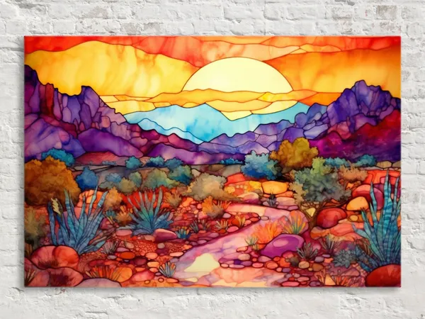 Desert Sunset Stained Glass Style Art Print, Arizona Scene