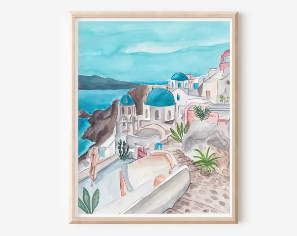 Santorini Greece Travel Poster, Mediterranean Art