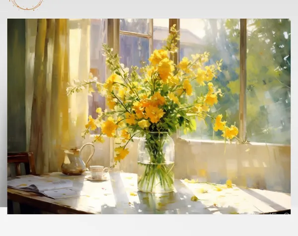 Watercolor Vase of Yellow Flowers, Sunny Window Art Print