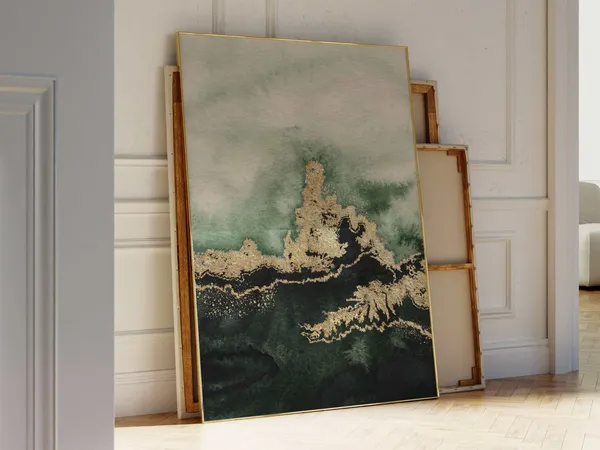 Green And Gold Abstract Art Print, Wabi Sabi Decor
