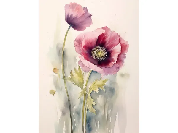 Poppy Watercolor Art Print, Neutral Pink Floral Poster