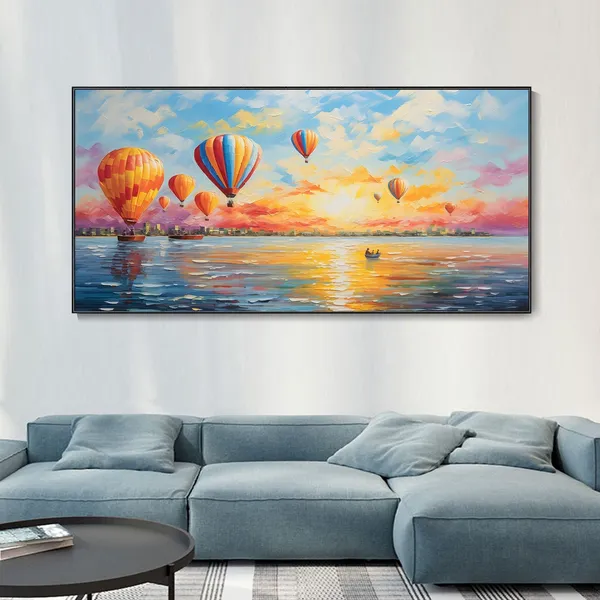 Hot Air Balloon Ocean Sunrise, Travel Landscape Art Print