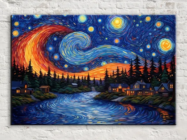 Starry Night Lake, Van Gogh-Inspired Wall Art Print