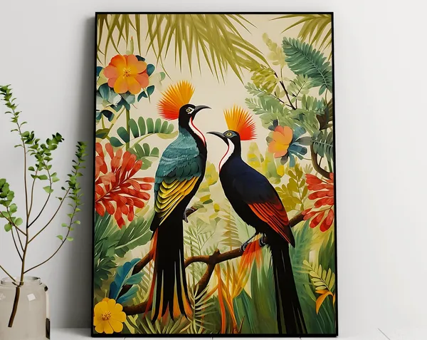 African Birds Painting, Floral Nature Living Room Art