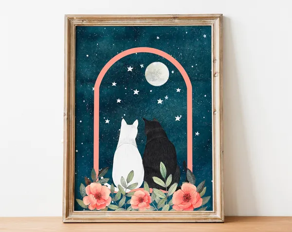 Black Cat Wall Art, Moon and Stars Poster