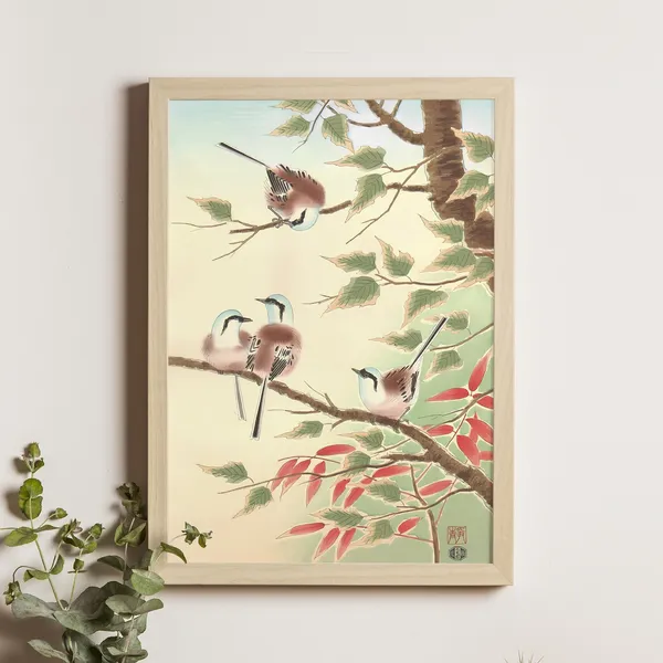 Bearded Bunting Ukiyo-E Bird Art Print