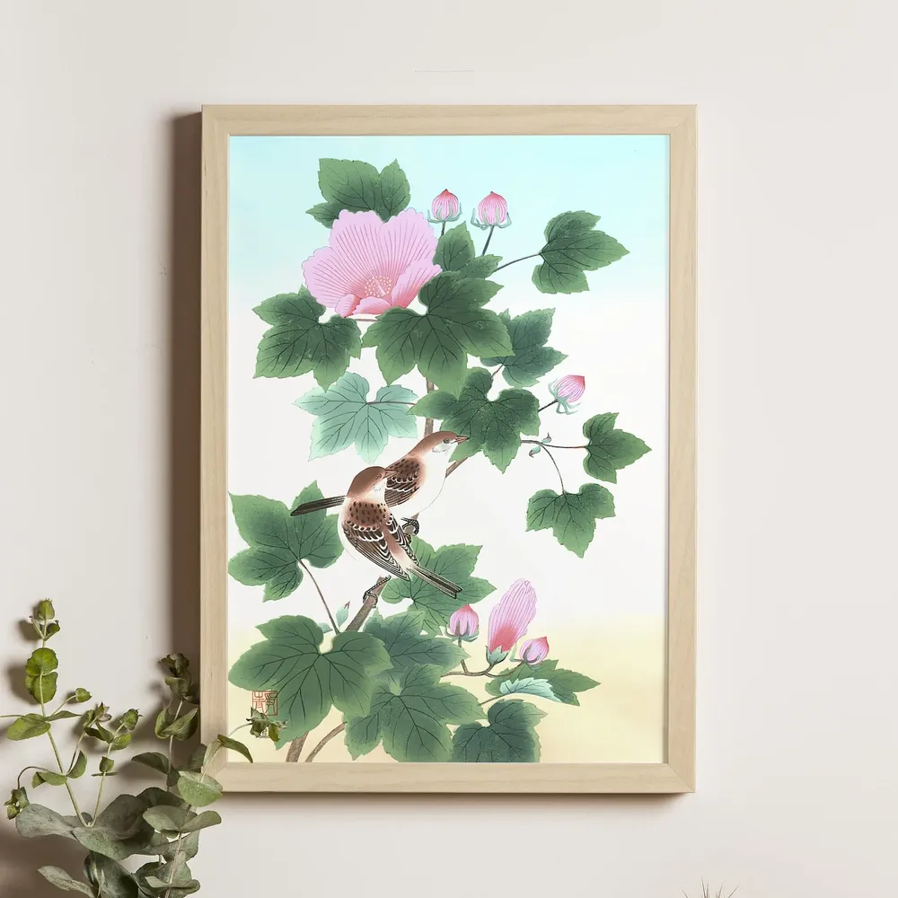 Sparrow and Cotton Rose, Ukiyo-e Art Print