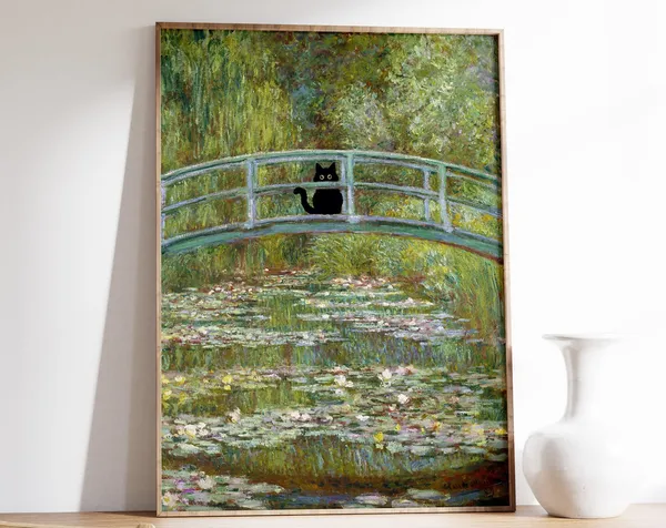 Monet-Inspired Waterlily Bridge Cat Art Print