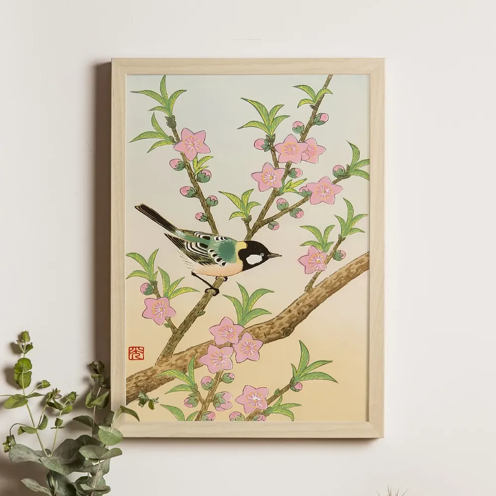 Peach Blossoms Bird Ukiyoe Vintage Floral Art Print