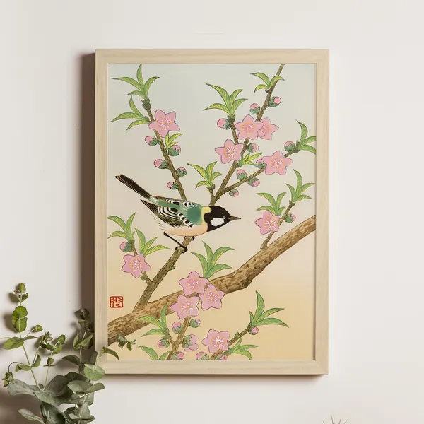 Peach Blossoms Bird Ukiyoe Vintage Floral Art Print