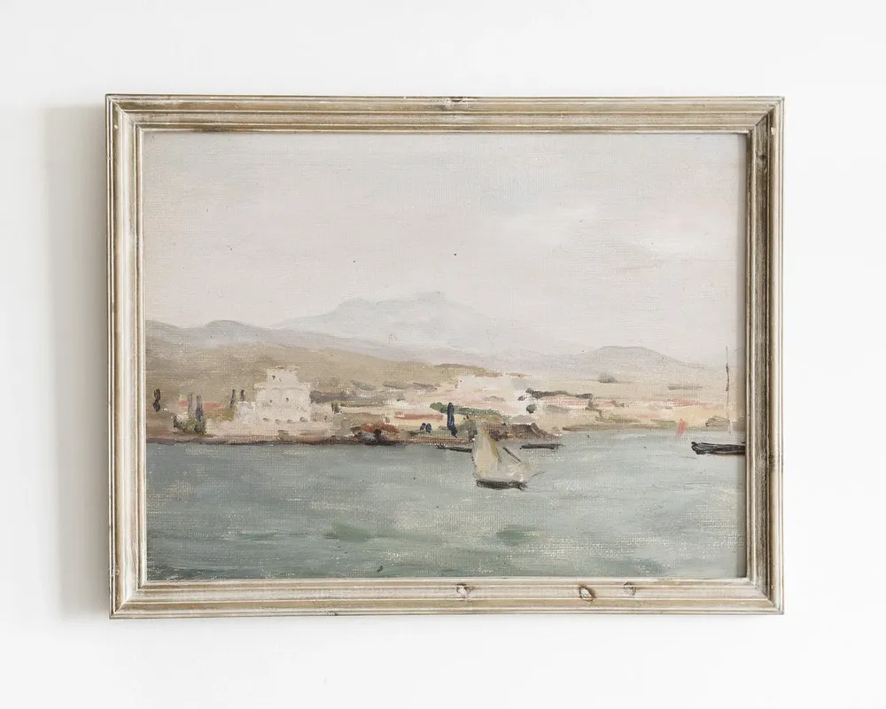 Vintage Seaside Landscape Art Print, Neutral Coastal