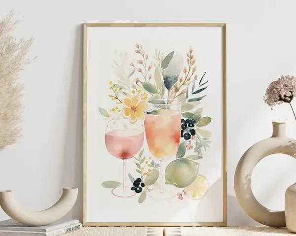 Watercolor Drinks and Flowers, Modern Art Print