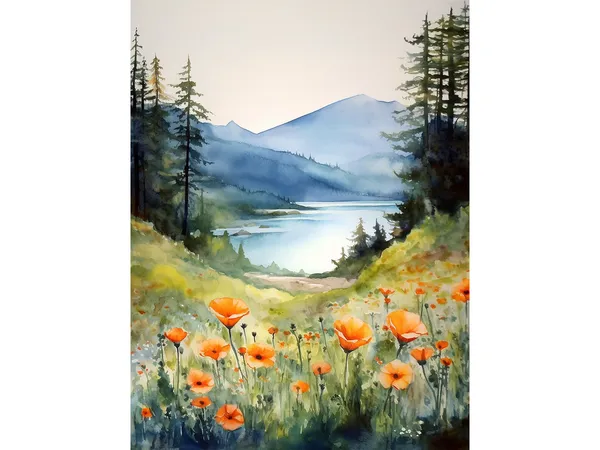 Columbia Gorge Watercolor Mountain River Art Print